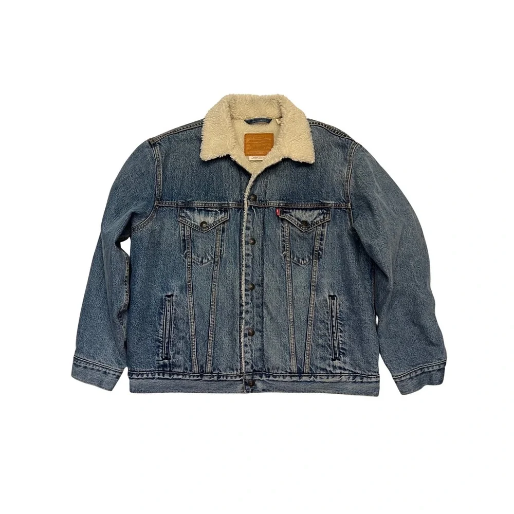 Levis Premium Blue Denim Sherpa Lined‎ Utility Streetwear Trucker Jacket Size L